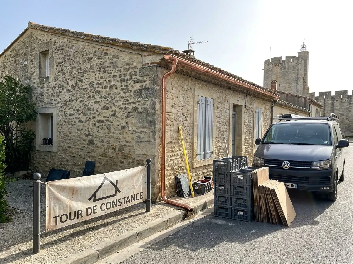 Maison en pierre au pied des remparts d'Aigues-Mortes avec gouttière et descente en cuivre neuves, banderole Tour de Constance et tour de Constance au fond
