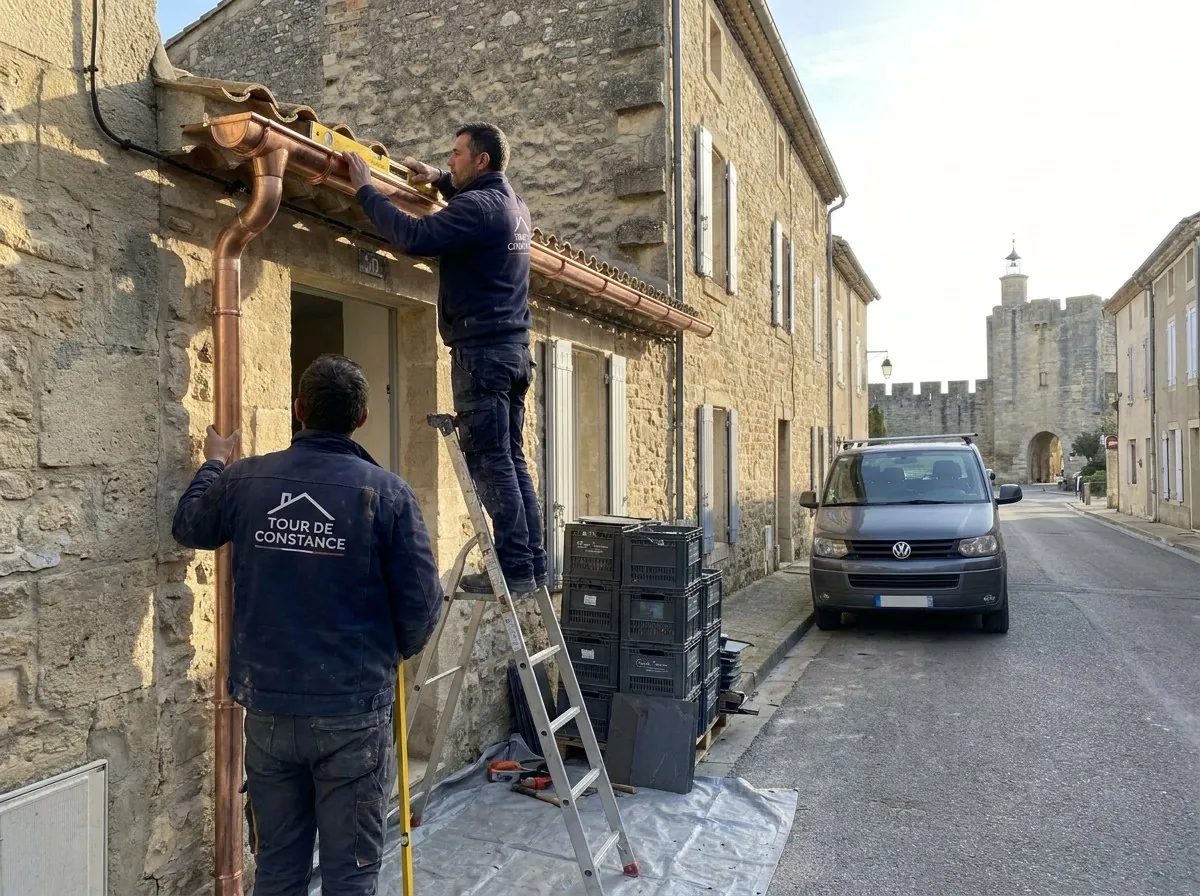 Couvreurs de Tour de Constance Toitures posant une gouttière en cuivre sur une maison en pierre à Aigues-Mortes, porte des remparts au fond de la rue